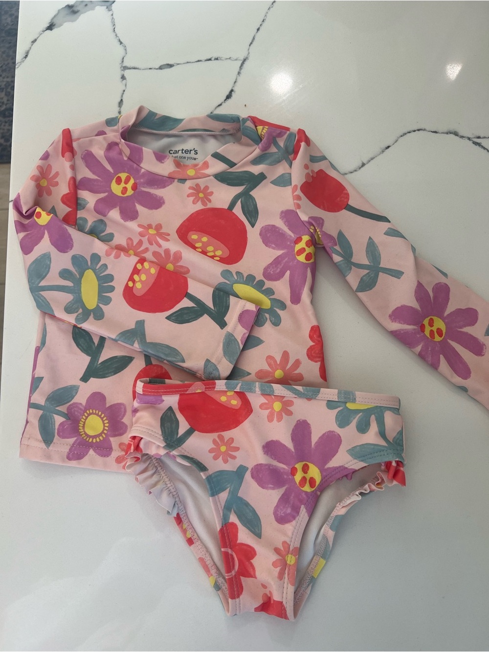 Carter's Pink Floral Long-Sleeve Swim Rashguard Set with Red & Purple Blooms